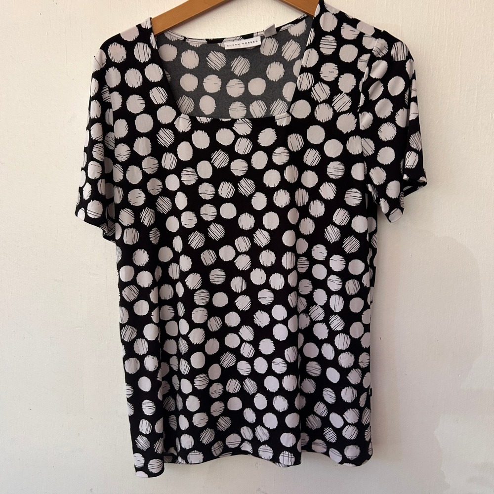 Susan Graver Top Womens Small Black White Polka Dot Square Neck Mod Aesthetic
